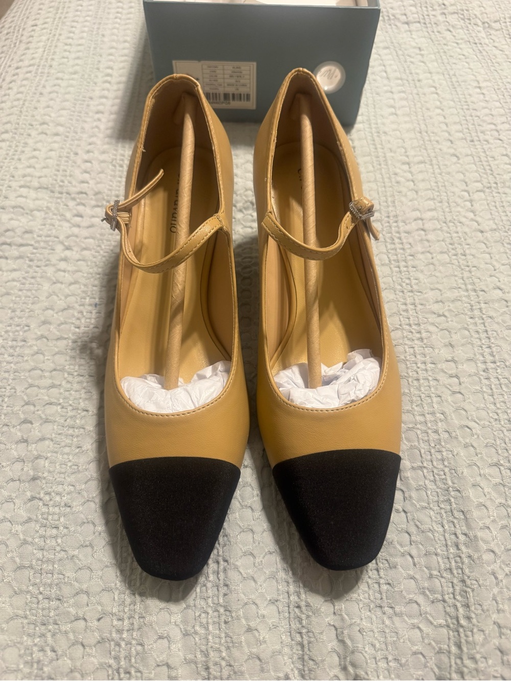 Classic Two-Tone Mary Jane Pumps in Tan and Black by C. Paravano